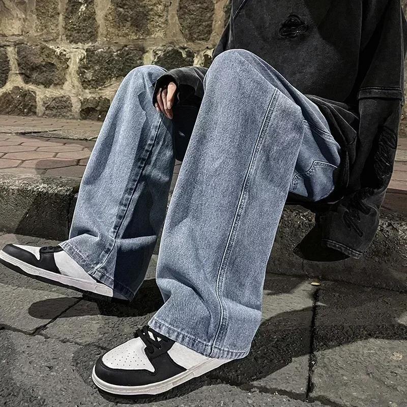 New Streetwear Loose Jeans Men Korean Style Fashion Loose Straight Wide Leg Pants Men's Brand Clothing Black Light Blue
