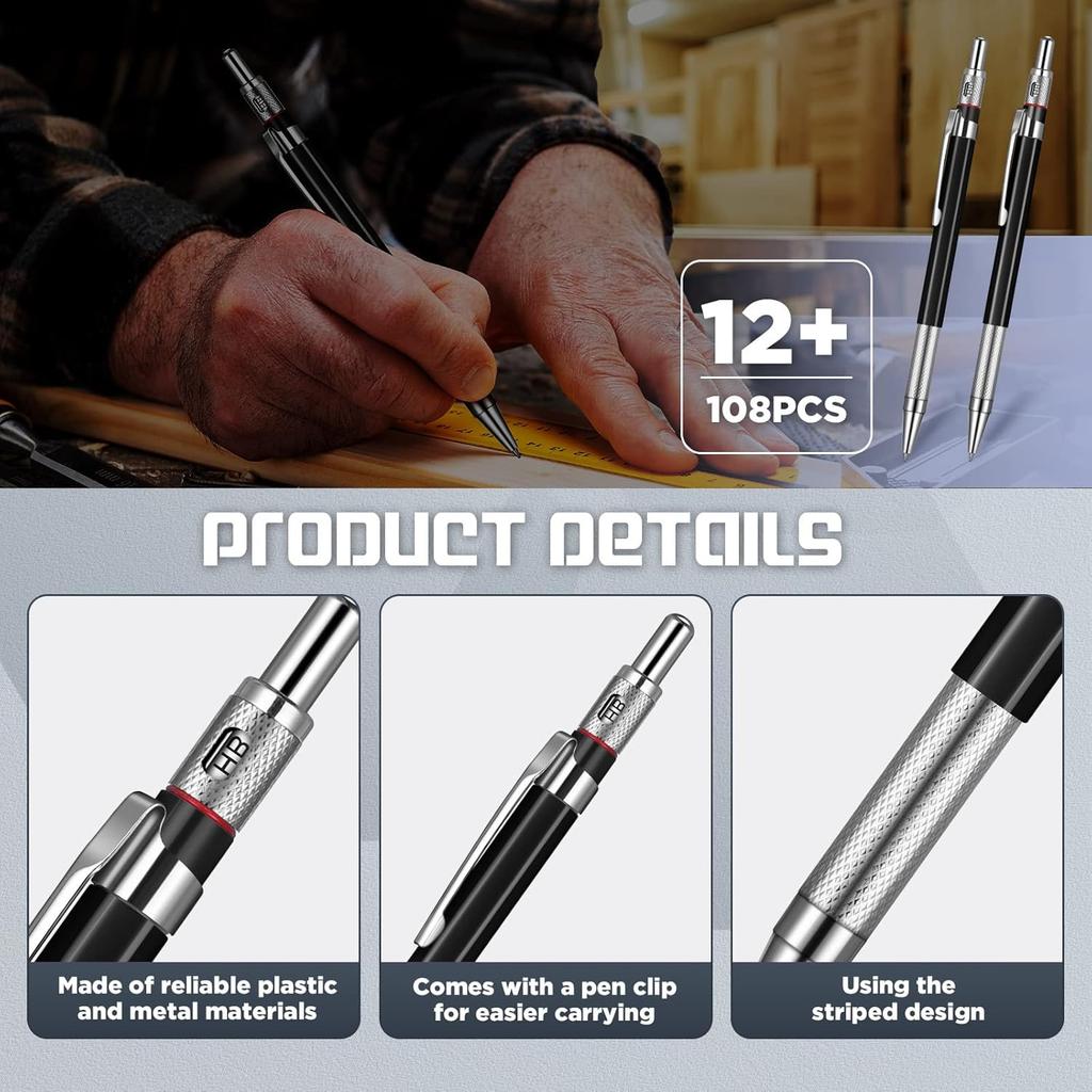 Nezyo 12 Pieces Welder Pencil with 108 Pieces Round Refills Mechanical Metal Pencil Marker with Built in Sharpener Pen for Construction Workers,