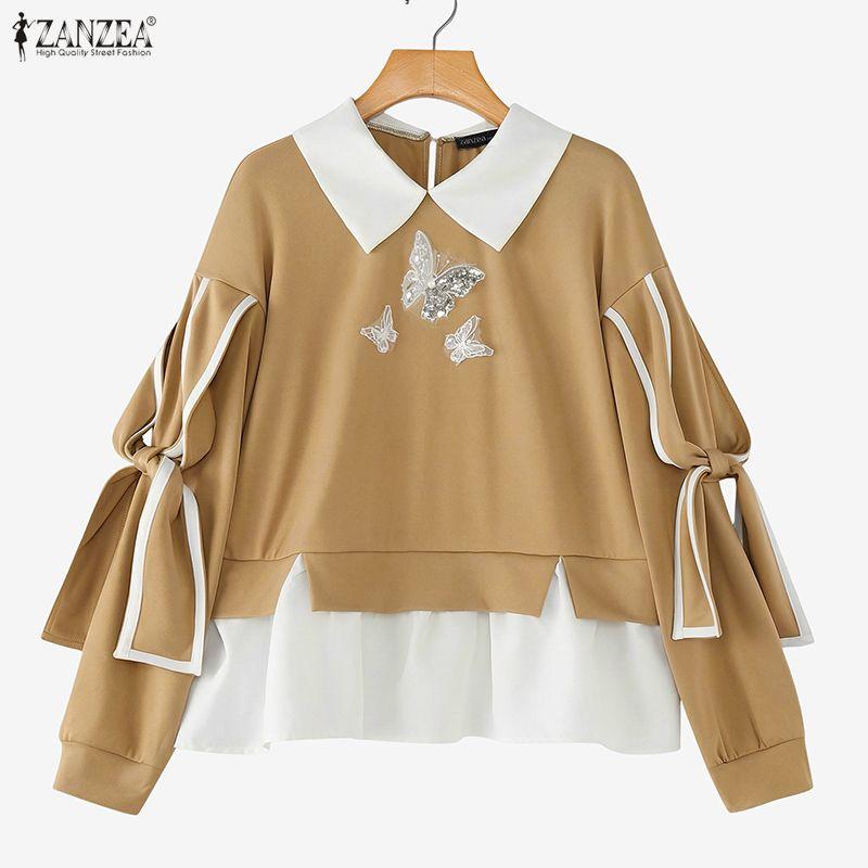 ZANZEA Damska bluzka na co dzień z kołnierzykiem i długim rękawem