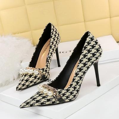Womens European and American Thousand Bird Check Thin Heel Shallow Mouth Pointed Pearl Chain Plaid High Heel Shoes