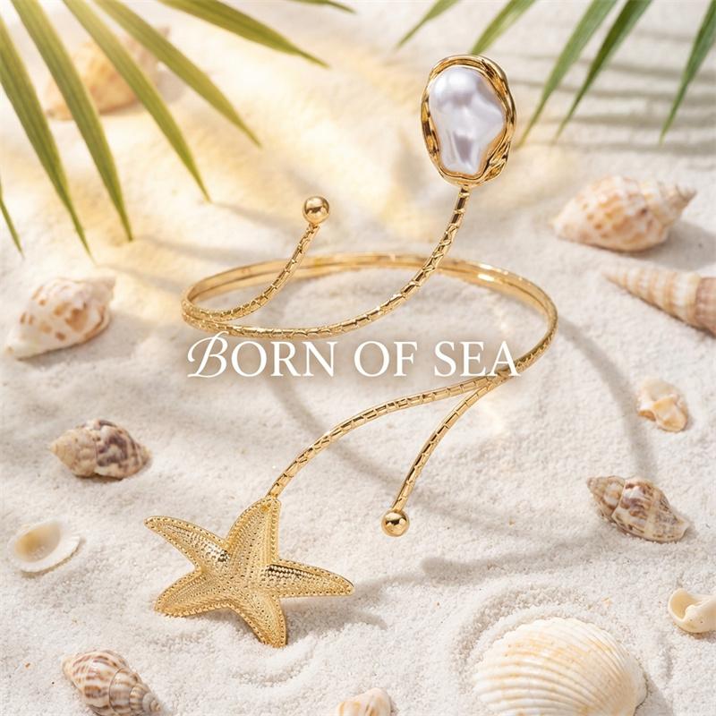 Vintage Metal Starfish Upper Arm Bracelet for Women Imitation Pearls Shell Geometric Open Arm Bracelets Summer Jewelry Gift