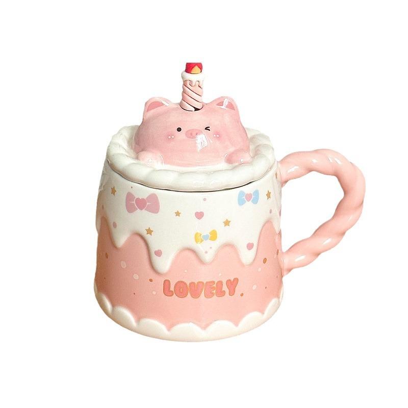 Ceramic Mug with Lid Cartoon Birthday Gift Cup for Women Office Coffee Cup Household Water Cup Creative Gift Box