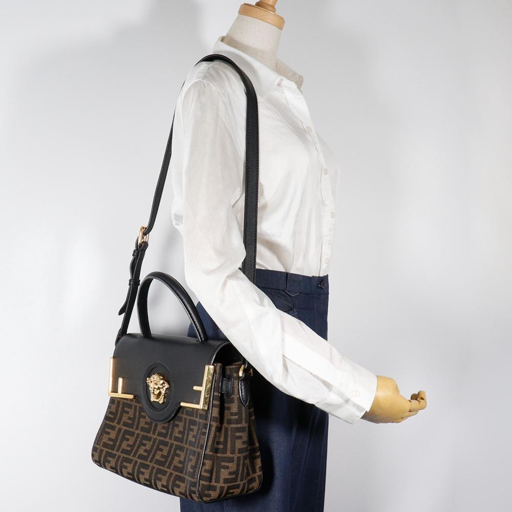 Fendi La Medusa Zucca Handbag X Versace Fender 2WAYShoulder Black / Brown Nylon Canvas/leather Women Used