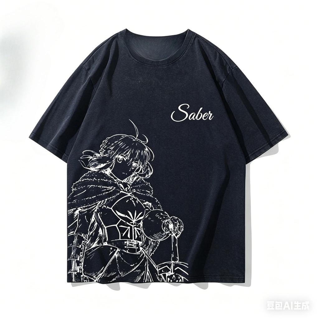 Cool Stylish Vintage Classic Washed Black Fate Series Saber Lily Anime Casual Cotton Short-Sleeve T-Shirt