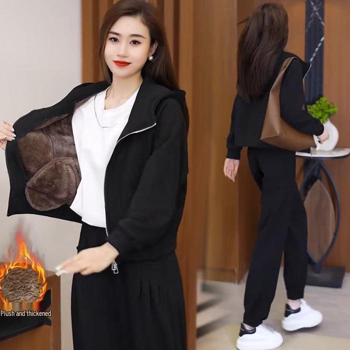 

Versatile Zip-Up Plush Hooded Sweatshirt for Autumn/Winter Large чёрный