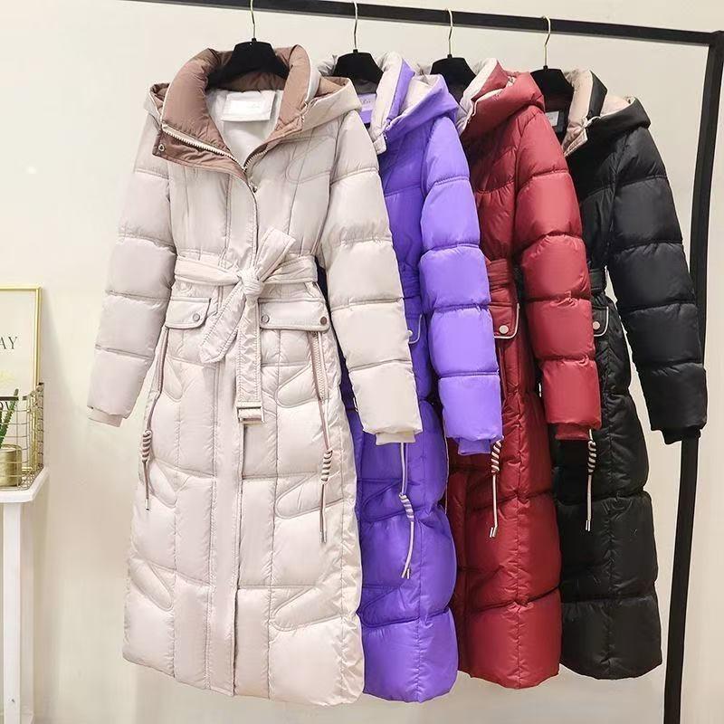 Modischer übergroßer langer Baumwollmantel mit Kapuze und Gürtel, warme Winterjacke für Damen