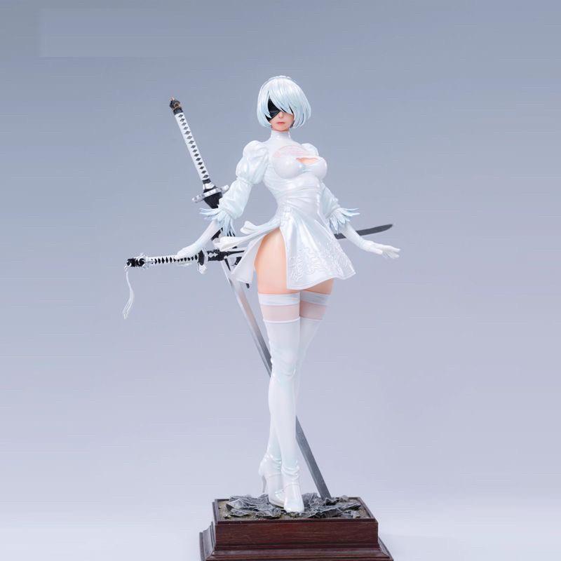 NieR Automata 2B Anime Girl GK Figure Double Head Sculpture High Slit Battle Suit Collectible Statue Desktop Decoration