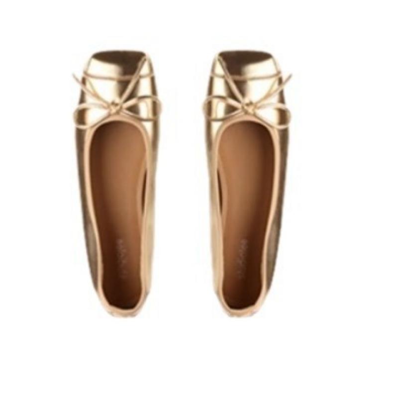 Sheepskin version~ Splicing square head with one pedal bow single shoes women's flat leather ballet shoes
