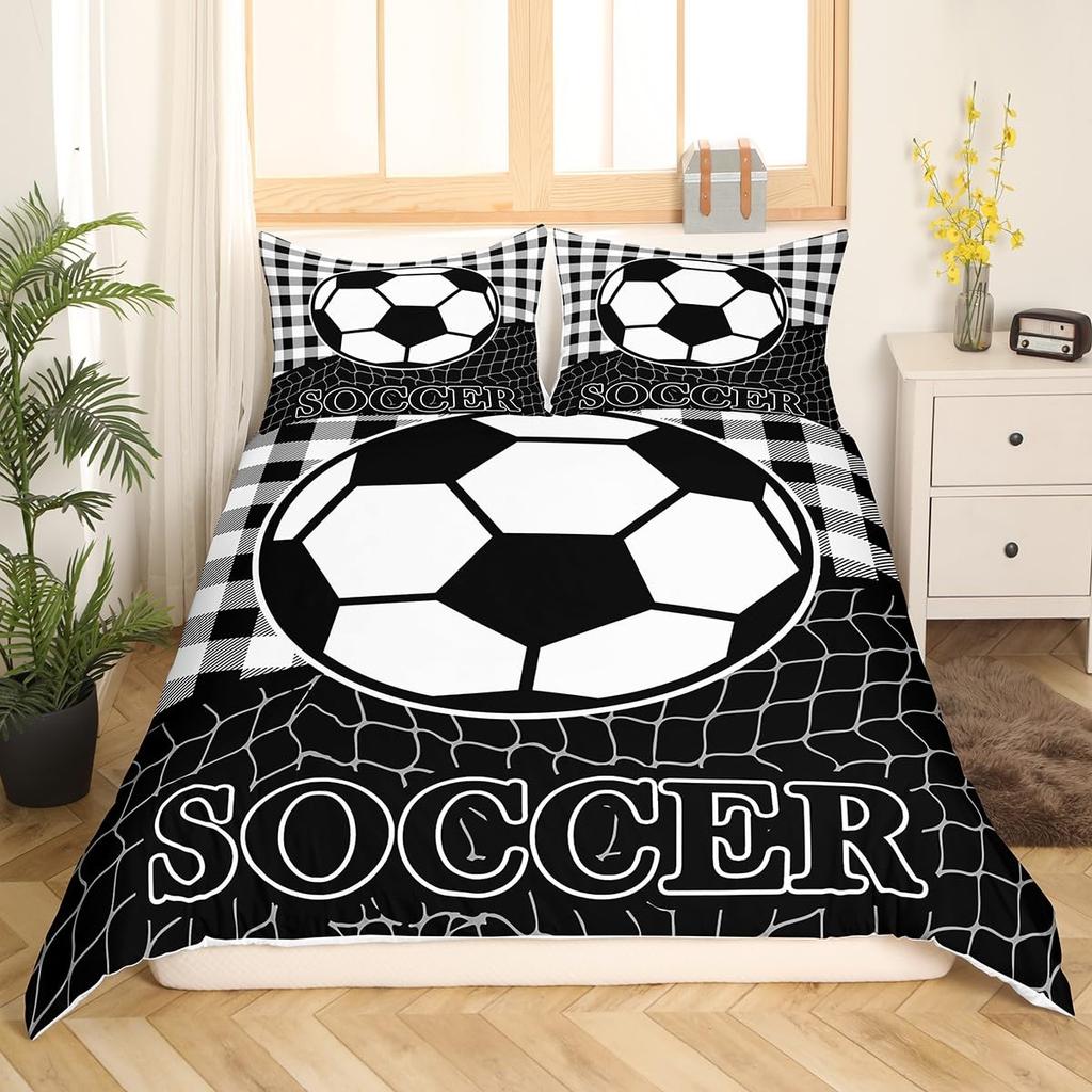 Cartoon Soccer Duvet Cover Set Printed Football Bedding Sets For Kids Boys Girls Bedroom Decor Sports Theme Comforter Cover Set