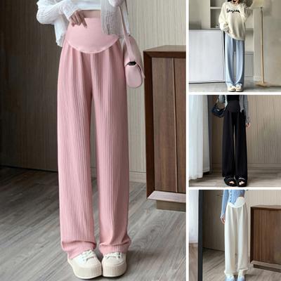 Pregnant Women Pants High Waist Elastic Band Straight Wide Leg Long Trousers Solid Color Thin Trousers Pregnancy Wear