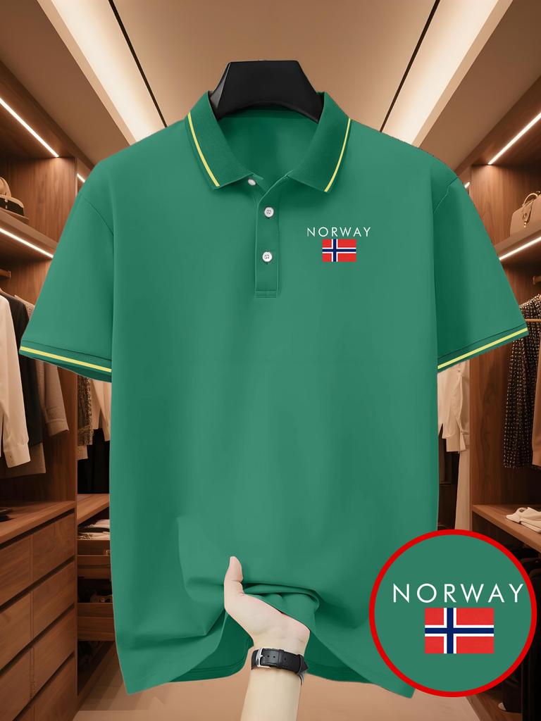 Men's Outdoor Golf Polo Shirt with Norwegian Pattern Print, Simple Polo Shirt, Business Casual T-Shirt - Short Sleeve & Collar, Daily Casual Wear