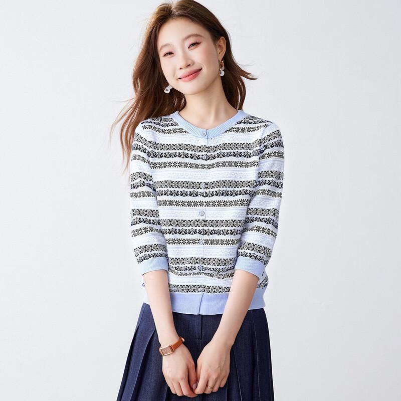 Srcr Women s Retro Striped Silk Blend Knit Cardigan L темно-синий