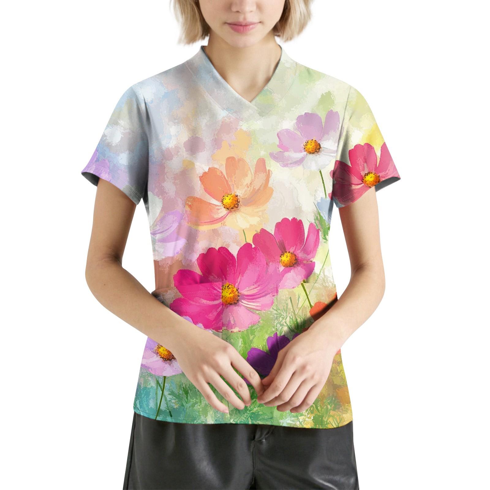 

Женская мода с v-образным вырезом, короткими рукавами и карманами, топы с принтом S