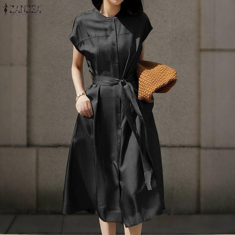 ZANZEA Women Casual Round Neck Solid Color Loose Short Sleeve Dress