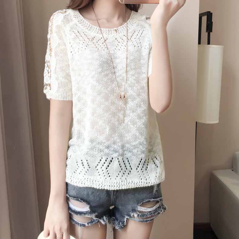 

WTEMPO летний кружевной пуловер с короткими рукавами, свитер, женская тонкая универсальная блузка, полый тонкий свитер One Size бежевый