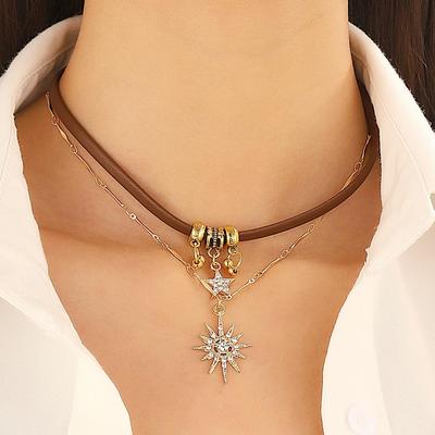 Retro Nische Maillard Stil Sonne Doppelschicht Schlüsselbein Kette Achtzackigen Stern Braun Leder Choker Halskette Für Frauen