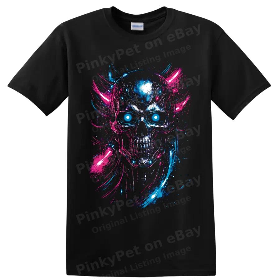 Neon Skull T Shirt Cyberpunk Gothic Skeleton Horror Art Graphic Tee Unisex Gift