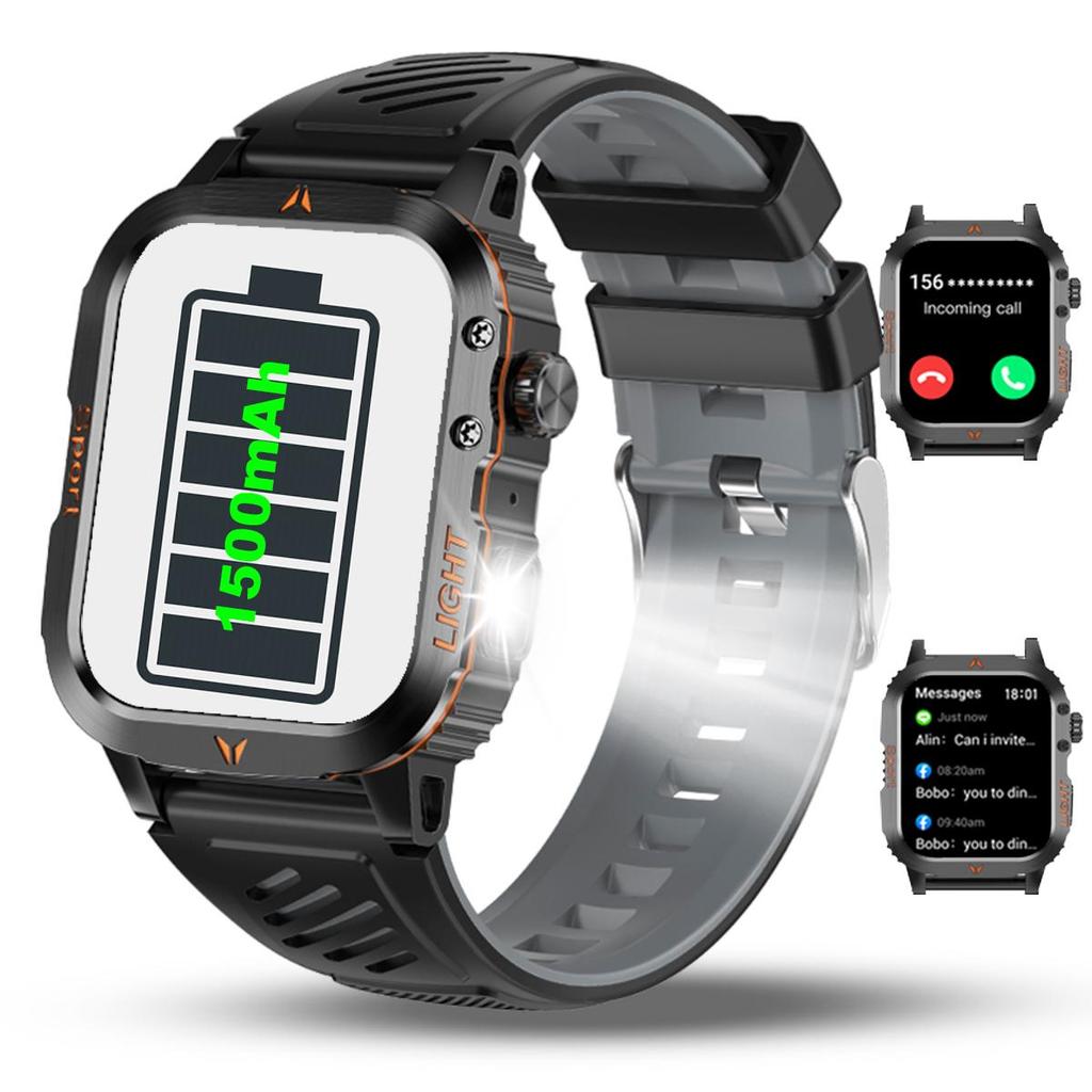 Odolné a trvanlivé Vojenské chytré hodinky 1500mAh baterie 30denní Blouetooth Hovor multifunkčnost,LED svítilna 150sportovních režimů Android iPhone.