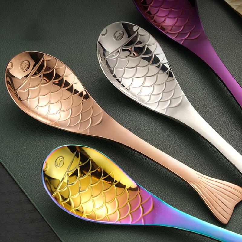 304 Stainless Steel Spoon Spoon Creative Fish-Shaped Cartoon Fish Spoon Dessert Spoon Rice Spoon Gold-Plated Stirring Spoons
