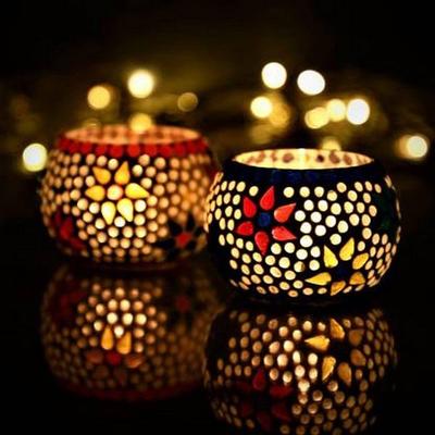 Set of 2 Mosaic Glass Flower Decorative Tea Light Candle Holders | Tea Light Holders