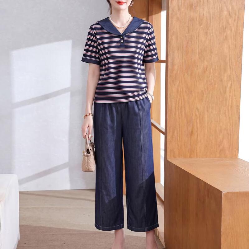 Xuexi Women s Striped Chiffon Short-Sleeve Set XL
