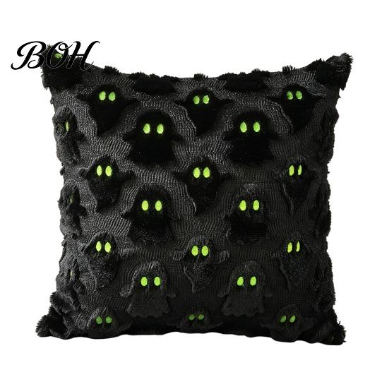 Black White Ghost Cushion Cover Halloween Cover, Plush Embroidered Throw Pillow 18x18 Home Decor Inch Cute Case for Sofa Bed Cozy Living Room Accents