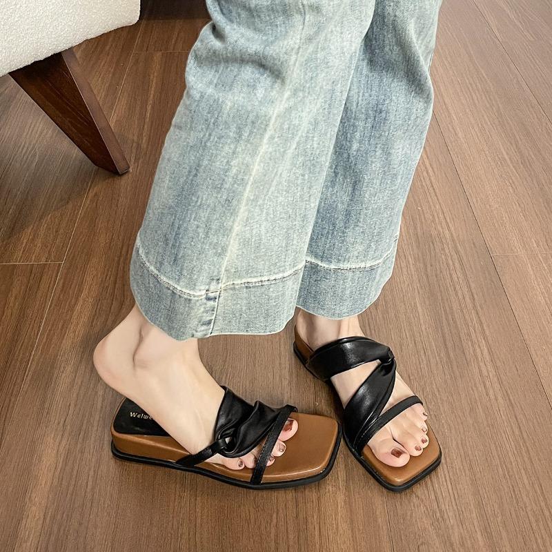 Thick-soled Square-toed One-strap Flip-flop Women's Shoes Retro Sandals