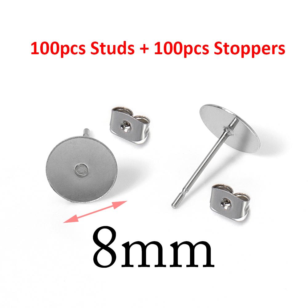 100pcs Gold Color 316L Stainless Steel Earring Studs DIY Ear Blank Post Pins 3-12mm Flat Round Tray Base Ear Jewelry Making DIY
