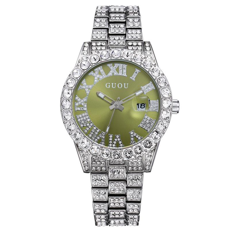 

Men s Diamond Watch - 43mm Roman Numeral Iced Out Quartz Wristwatch, Waterproof Hip Hop Jewelry Silver Band зелёный