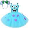 Kids' Blue Long-Haired Monster Costume with Puffy Skirt and Mesh Dress