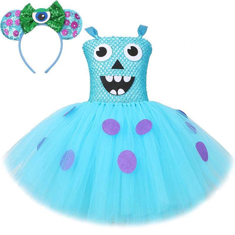 Kids' Blue Long-Haired Monster Costume with Puffy Skirt and Mesh Dress