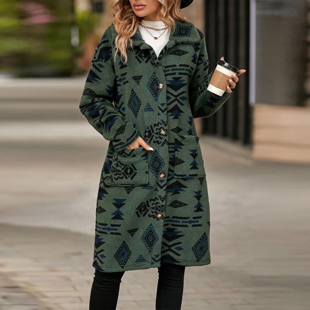And Winter Women's Single Breasted Ethnic  Printed Plush Long Coat Jacket
