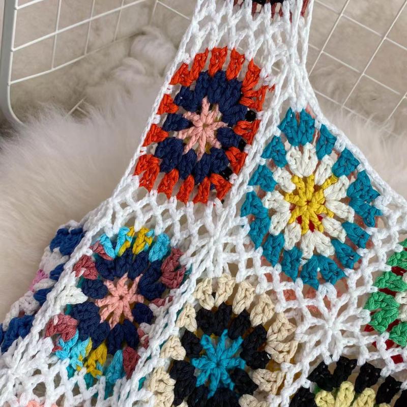 Damska letnia krótka sukienka z wiązaniem na szydełku z wydrążonym frędzlem, kamizelka, mała luźna sukienka z dzianiny