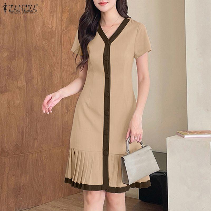 ZANZEA Damen Freizeit V-Ausschnitt Sommer Kurzarmkleid