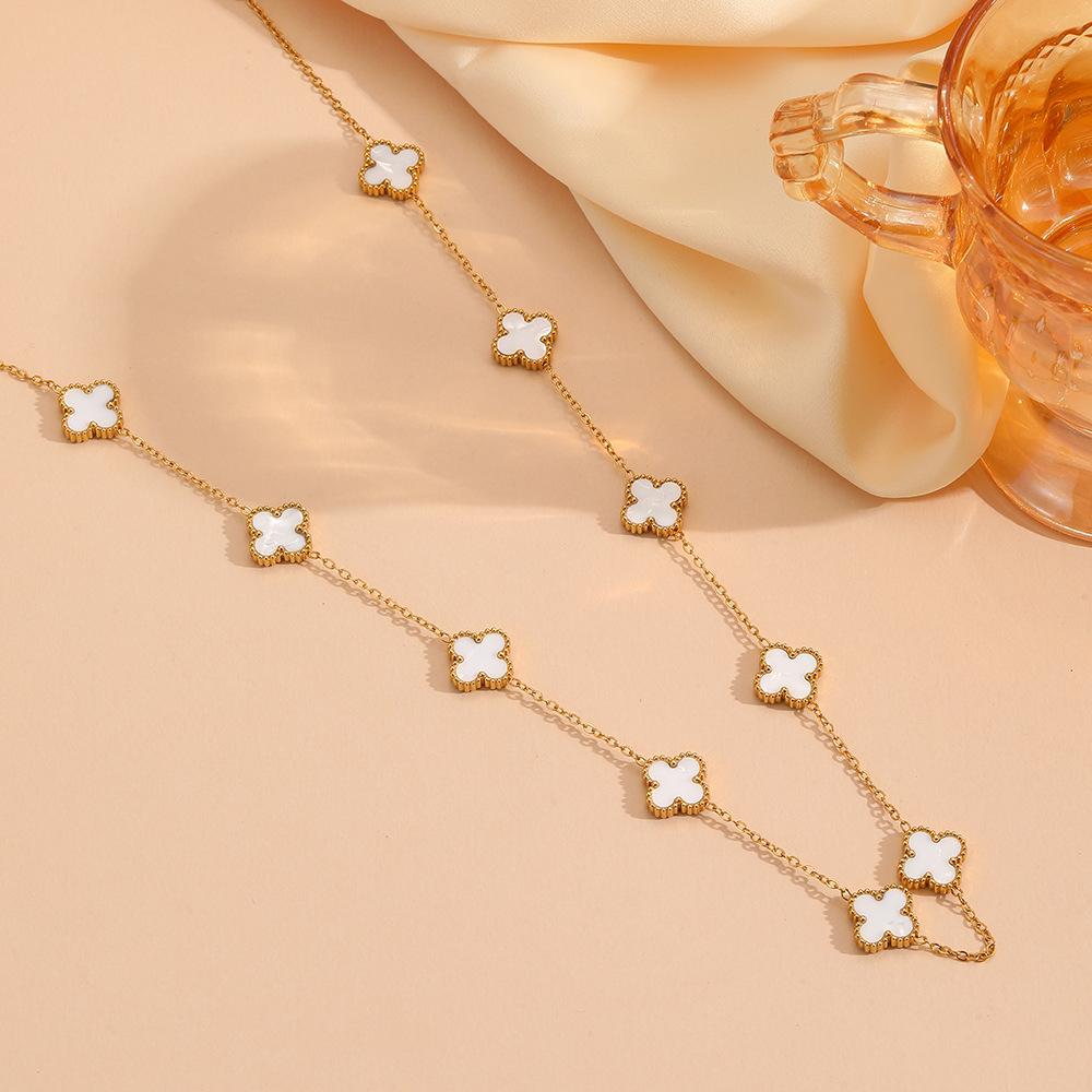 Four leaf clover stainless steel small flower double-sided shell pendant necklace