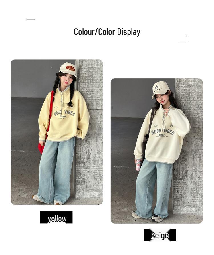 Korean Style Half-Zip Stand Collar Girls' Hoodie - Spring/Autumn Fashion