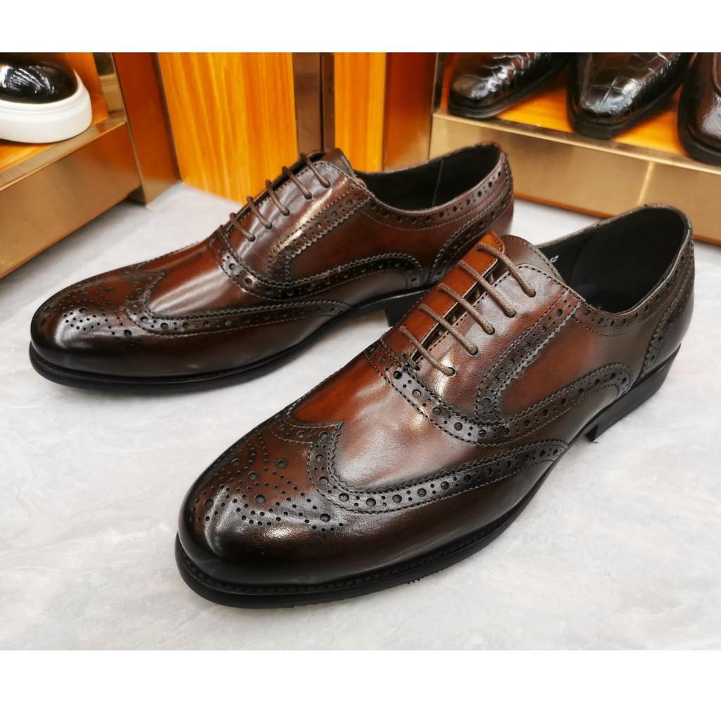 Fashion Luxury Men's Dress Shoes Genuine Leather Brogue Wingtip Toe Oxford Black Brown Lace-Up Business Wedding Formal Men Shoes