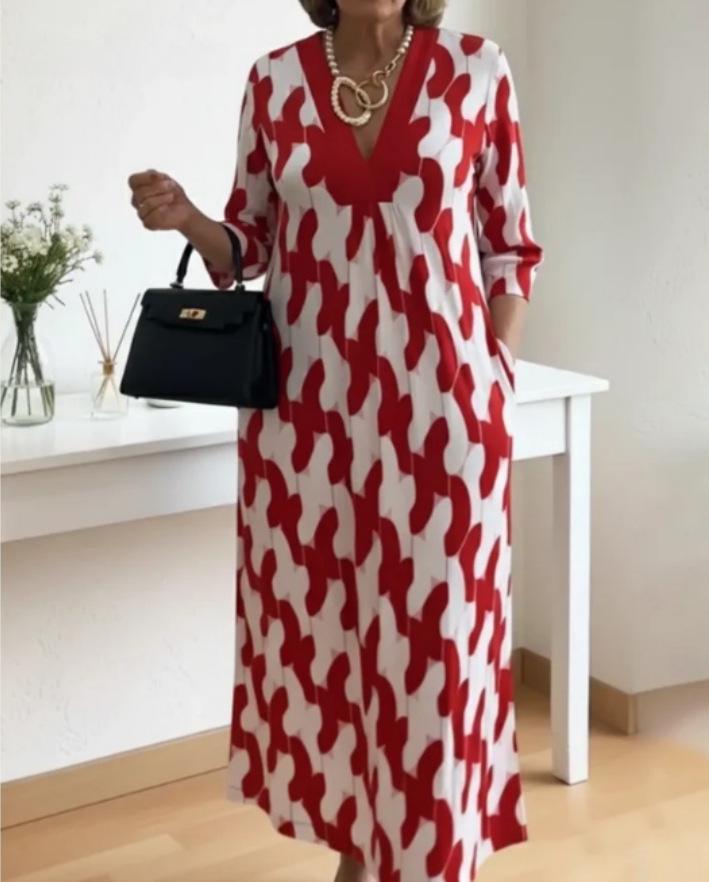 2026 Euro-American Spring/Summer Women s V-Neck Printed Loose-Fit Dress - Comfortable & Fashionable Slimming Style Extra Large красный