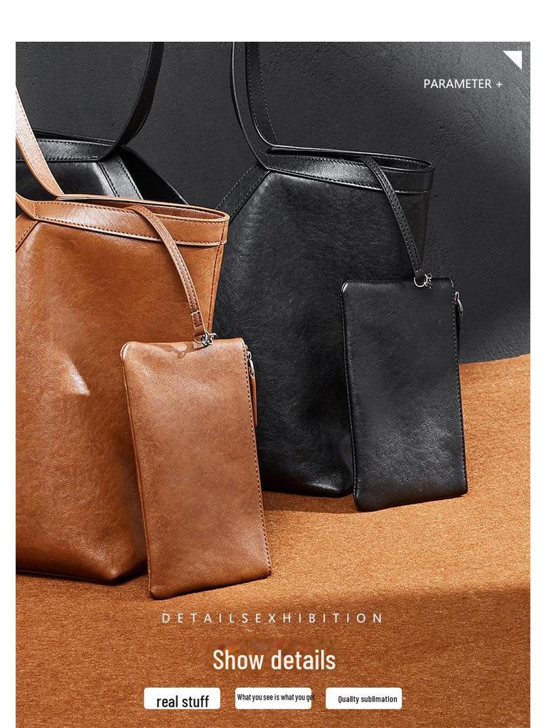 Sac fourre-tout et sac à bandoulière en cuir véritable pour femme de style coréen d'automne 2024, sac à main en cuir de vache de grande capacité.