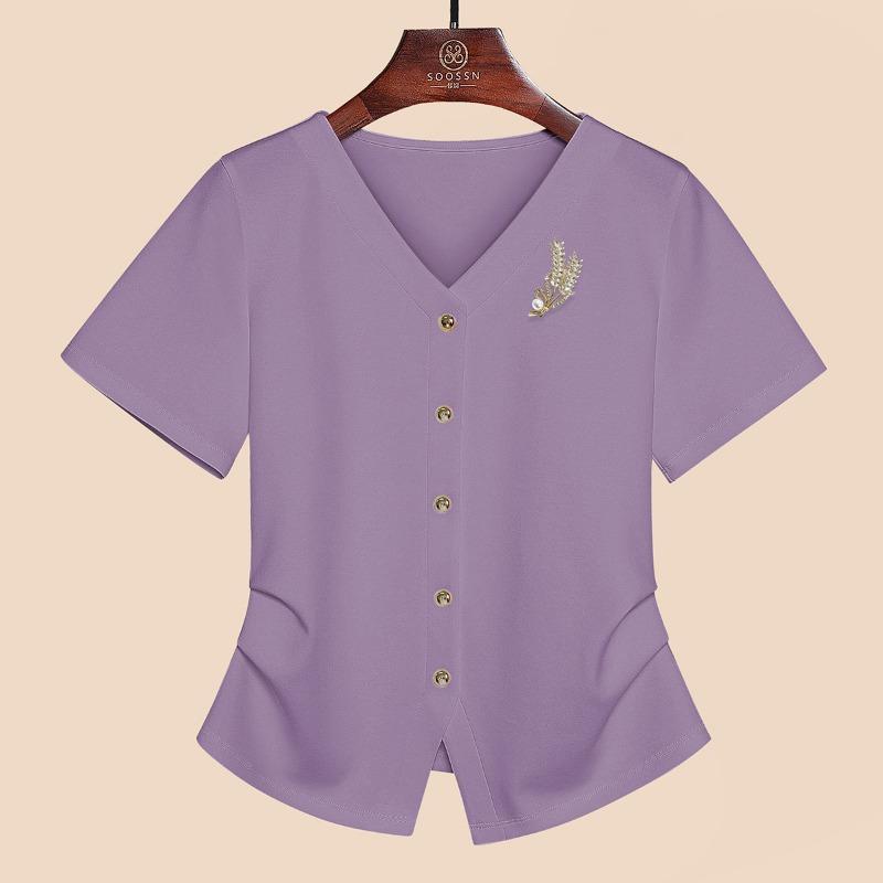 Summer new v-neck irregular hem split design sense niche versatile top white short-sleeved shirt women