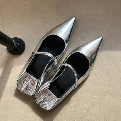Designer Spitzschuh Damen Ballerinas Damen Elegant Einzelne Schuhe Retro Silber Leder Loafer Mode Mary Janes Bequeme Hausschuhe