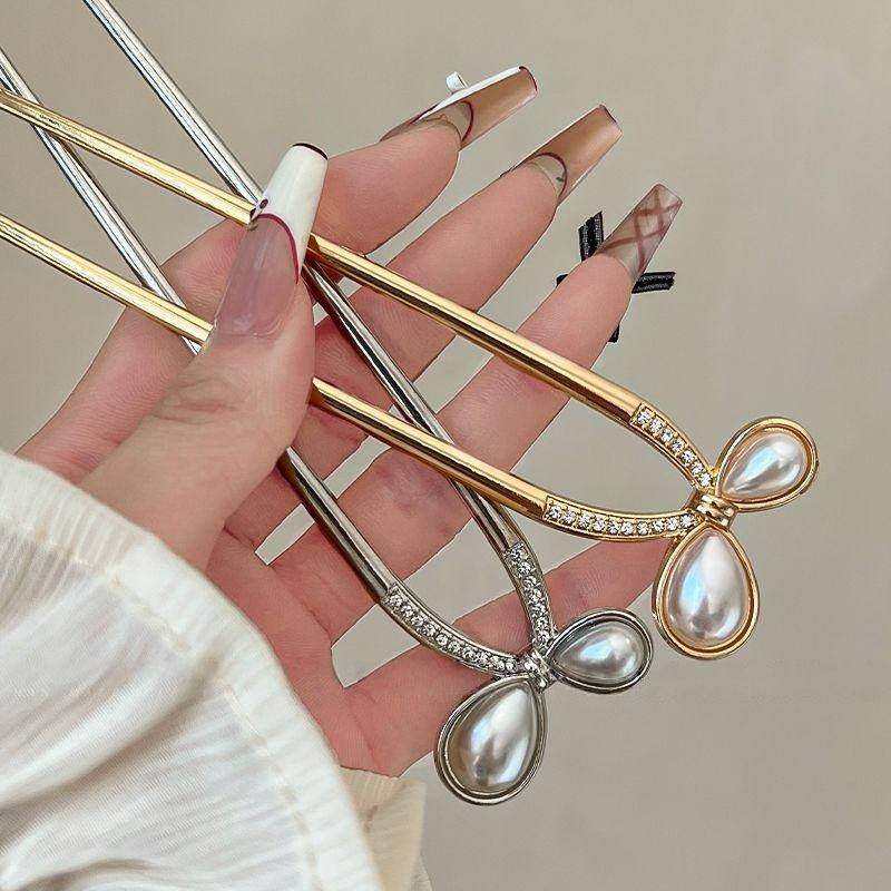 Simple U-Shaped Pearl Hair Fork Bun Bow Hairpins Metal Hair Sticks Hair Clips Barrettes Hair Accessories Women Headwear