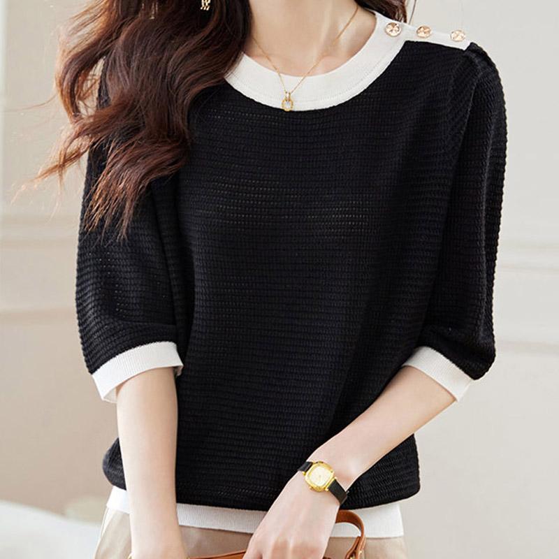 Женские свитера, пуловеры 2025 Лето О-образный вырез Черный вязаный свитер Женские топы, пуловер JJ133 One Size чёрный