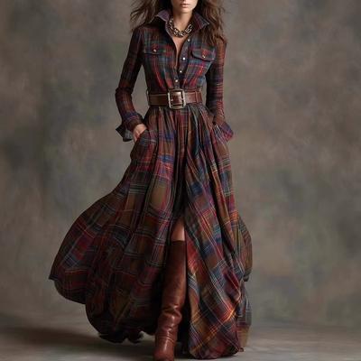 French Women's Plaid Dress Shirt Button Cardigan Lapel Fashion Belt Pocket Irregular Design A-line Long Skirt for Female