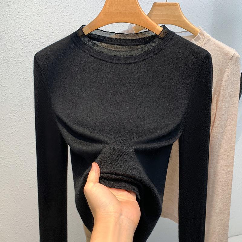 

Нижняя рубашка женская новая женская одежда воротник в виде листьев лотоса сращивающийся пуловер свитер тонкий внутренний верх для живота 3XL чёрный