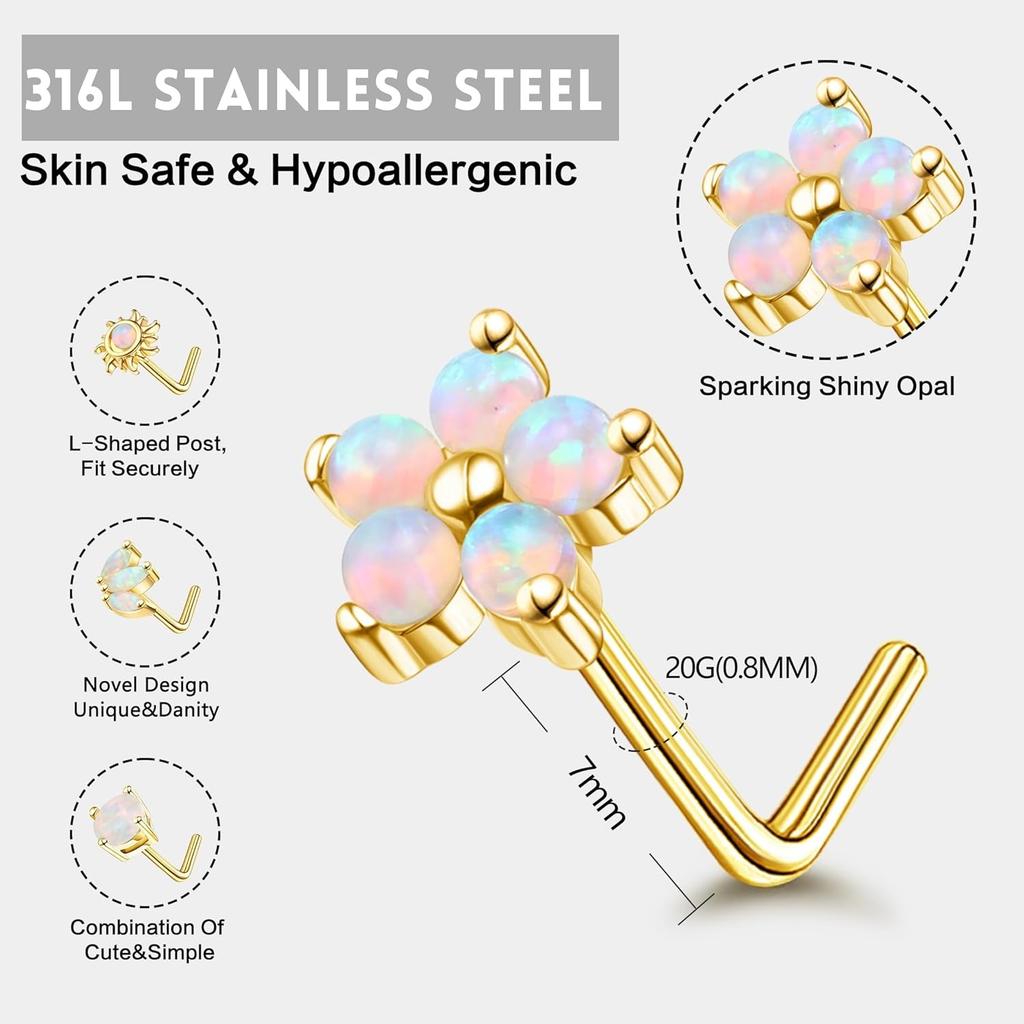 Bobisty Nose Rings Studs for Women Stainless Steel L Shaped Nose Studs Tiny Opal CZ Sunflower Bee Planet Nose Piercing Jewelry