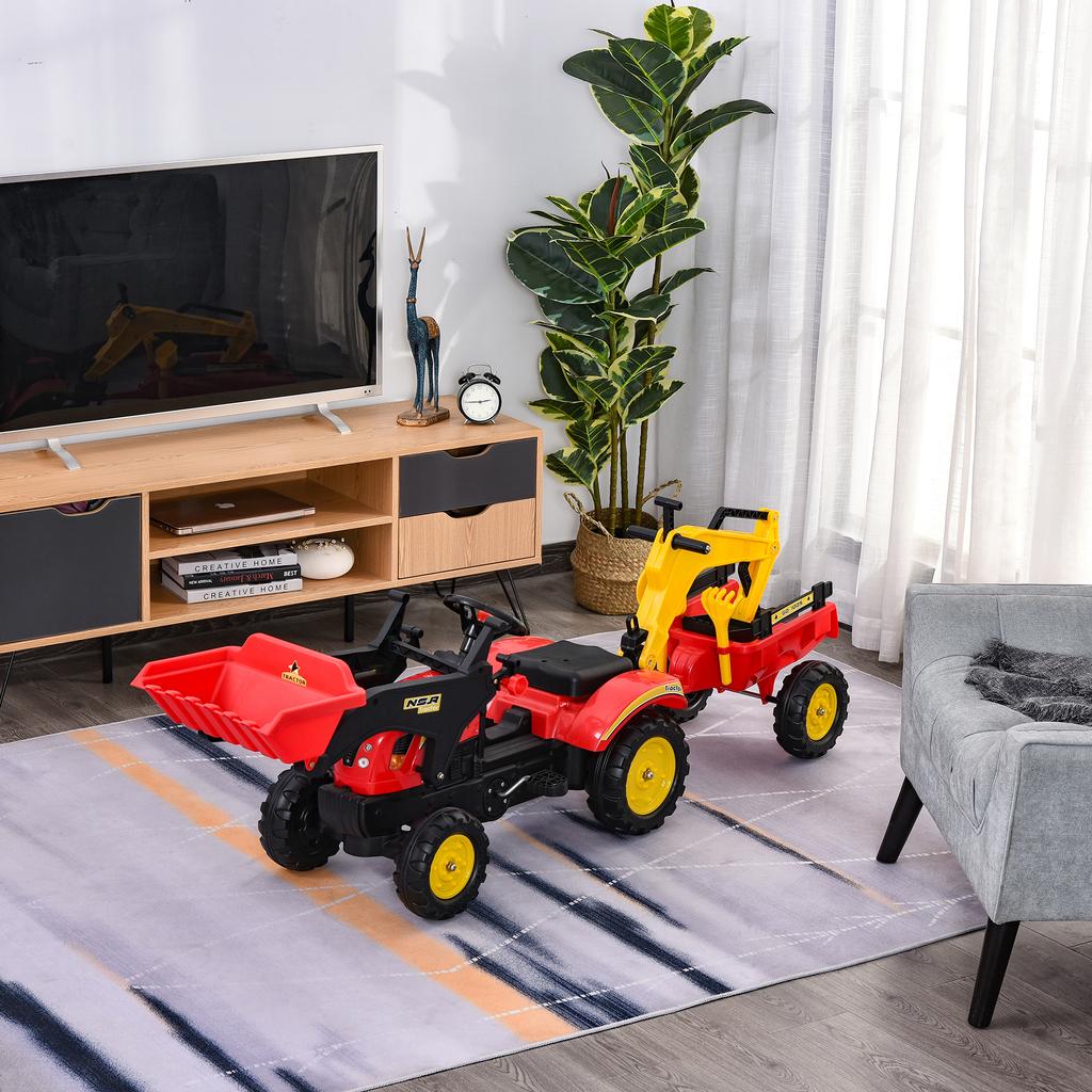 Pedal Tractor with Trailer, Front Loader, Adjustable Bucket, Tractor Pedal Vehicle for Children from 3 Years Red