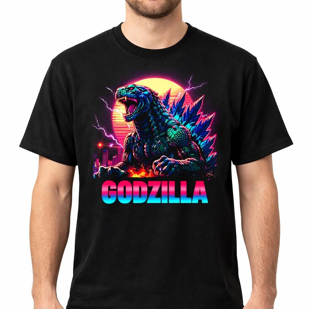 Godzilla neon graphic t-shirt, Cult classic monster movie tee, Men s black shirt L