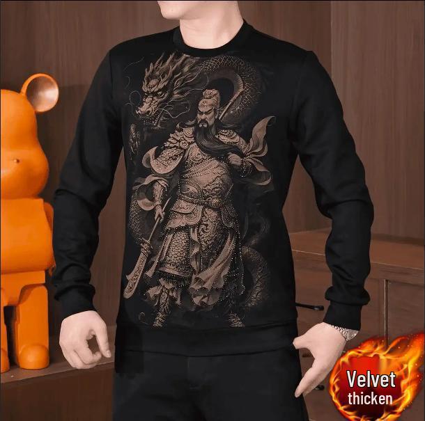 

Men s Fleece-Lined Rhinestone Round Neck Hoodie - Stylish Autumn/Winter Long Sleeve Fashion XL чорний