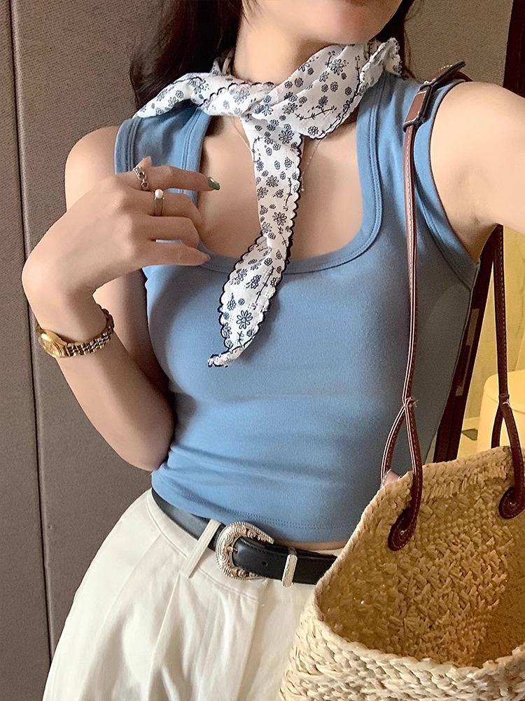 

Белая майка-борцовка с квадратным вырезом и нагрудными вкладышами - Женская летняя 2024 Large